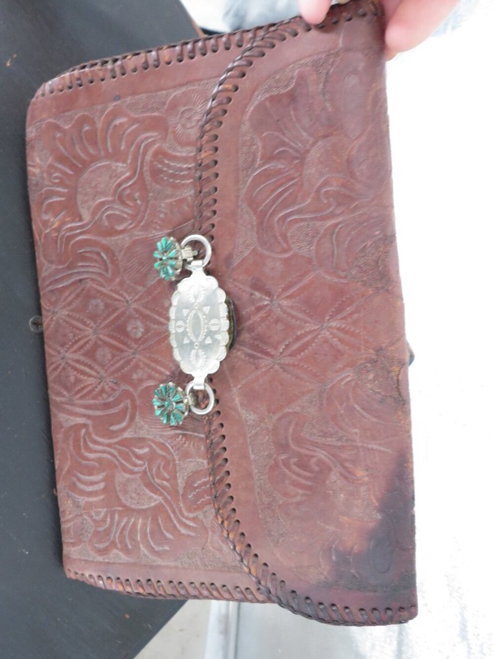 VINTAGE HAND TOOLED LEATHER CLUTCH TURQUOISE CONCHO WALLET PURSE BROWN OS 8X11
